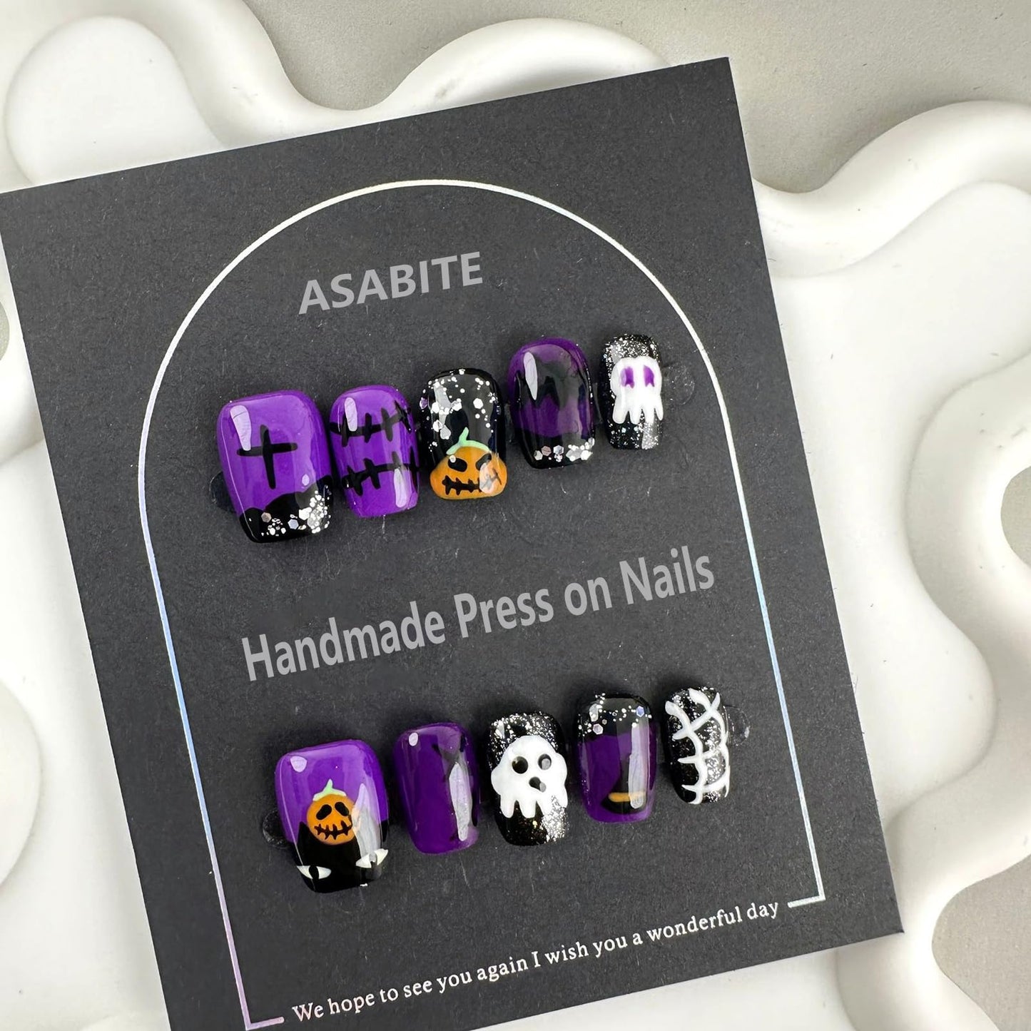 10Pcs Black Purple Halloween Press on Nails Short Handmade Fake Nails Scary Pumpkin Ghost False Nails with Glitter Sequin Design Halloween Square Nails Artificial Reusable Stick on Nail for Women (S)