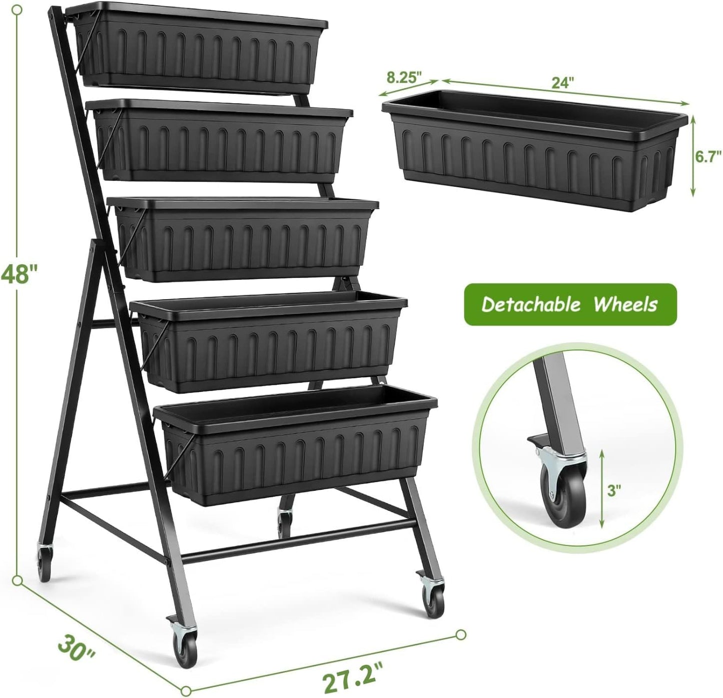 SEJOV 2 Pack Vertical Raised Garden Bed, 5-Tier Vertical Garden Planter with Drainage System, Larger Elevated Planter Box for Herbs Vegetables Flowers Indoor Outdoor (Black with Lockable Wheels