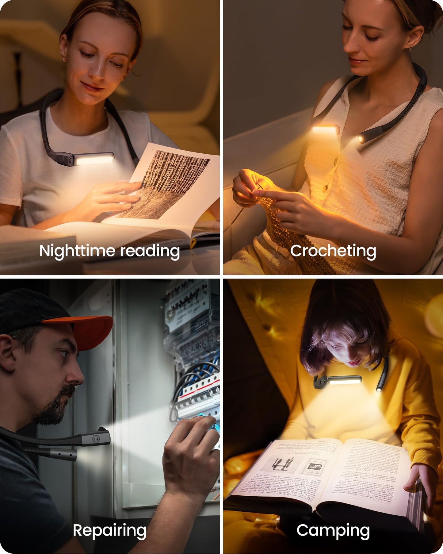 Glocusent Rechargeable Neck Light, 100Hrs Long Lasting Neck Reading Light, 5 Colors & Stepless Dimming Reading Light - Perfect Book Lights for Reading at Night, Knitting, Book Lovers Gifts