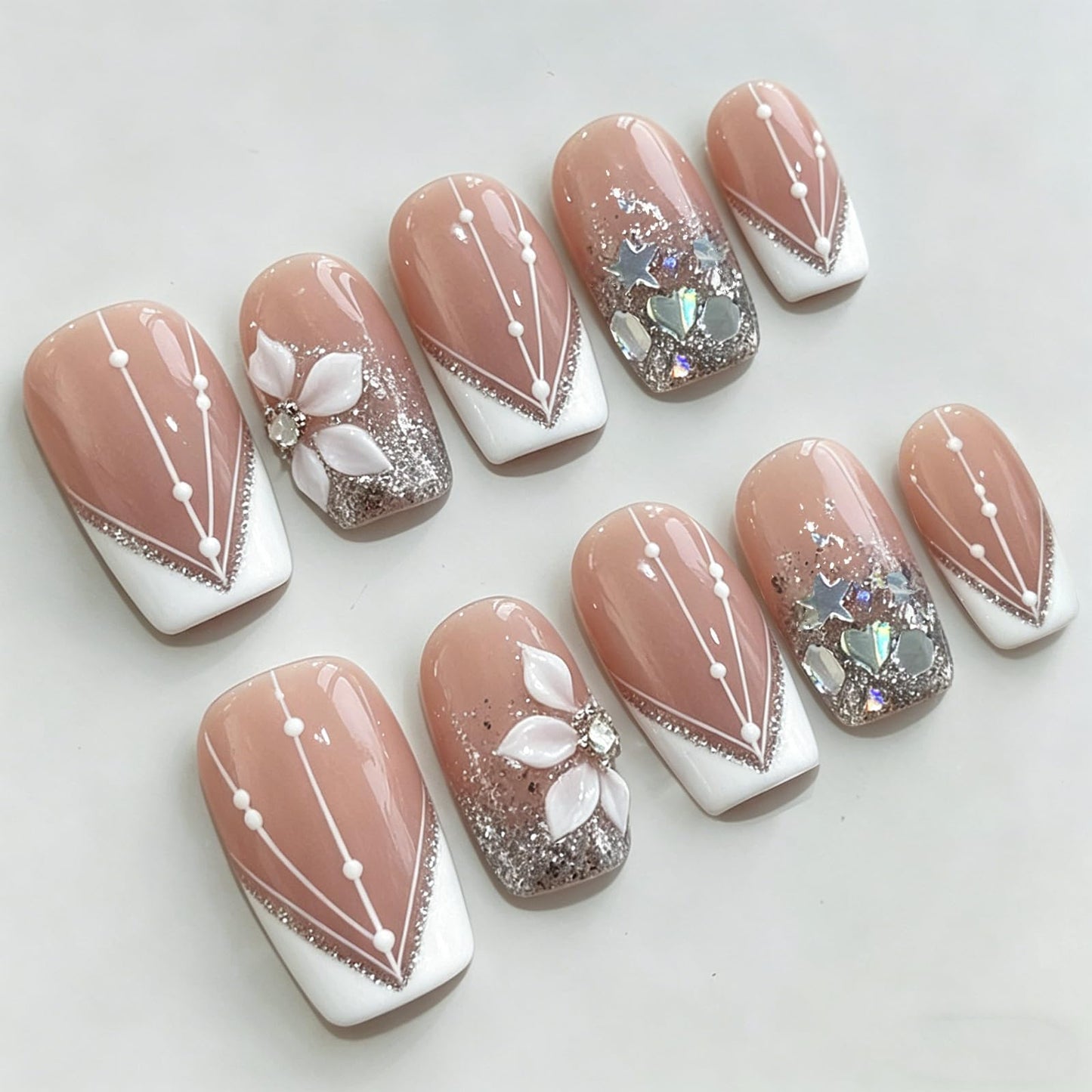 Luxury Press on Nails Medium Square Handmade 3D Unique Reusable ABS Material Fake Nails White French Tip False Nails with Glitter Flower Designs Elegant Glossy Glue on Nail Thick Acrylic Nail(M)