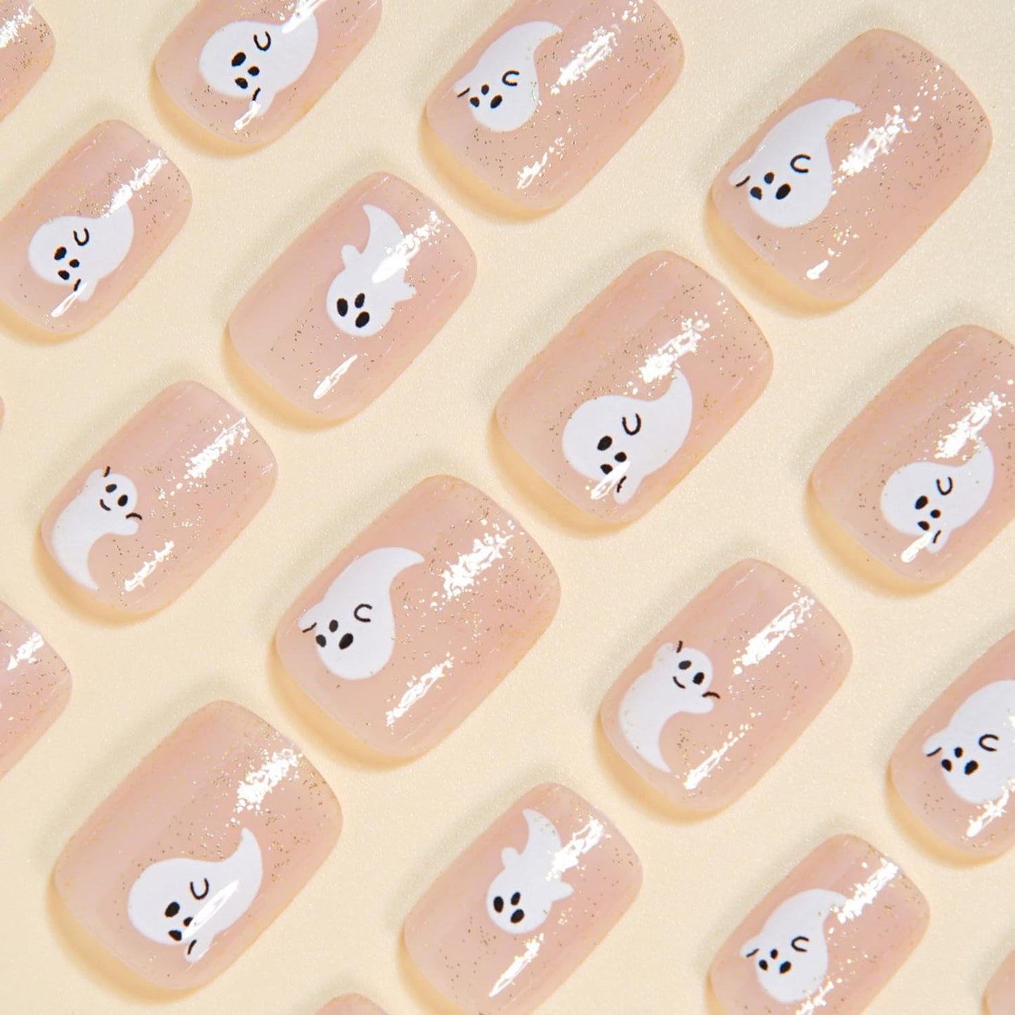 24Pcs Halloween Press on Nail Short Square Fake Nails Ghost Glue on Nails with designs Acrylic Stick on Nail Full Cover Glitter False Nails Cute Press ones for Women Kids Halloween Party Gift