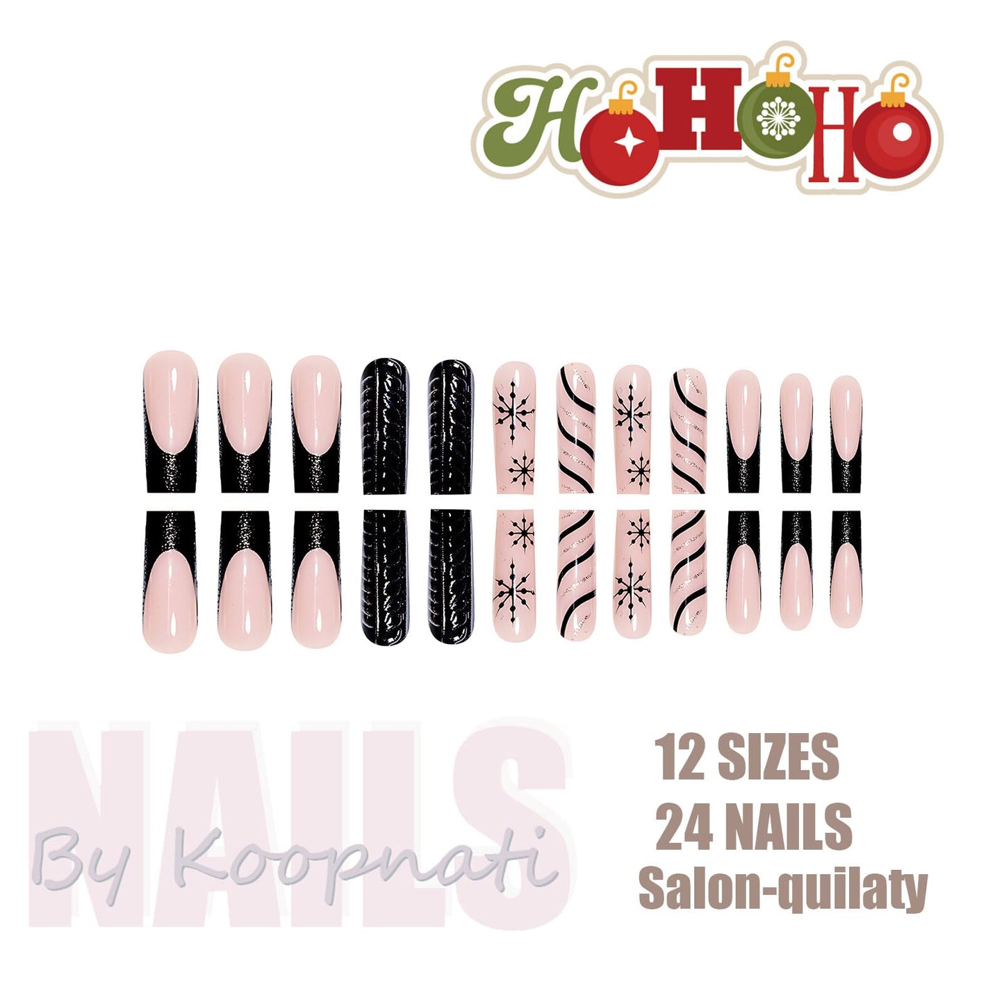 Christmas Press On Nails Medium Square Black French Tips Nails with Glue Winter Snowflake Design,Christmas Nails Long False for Women Holiday Xmas Gifts