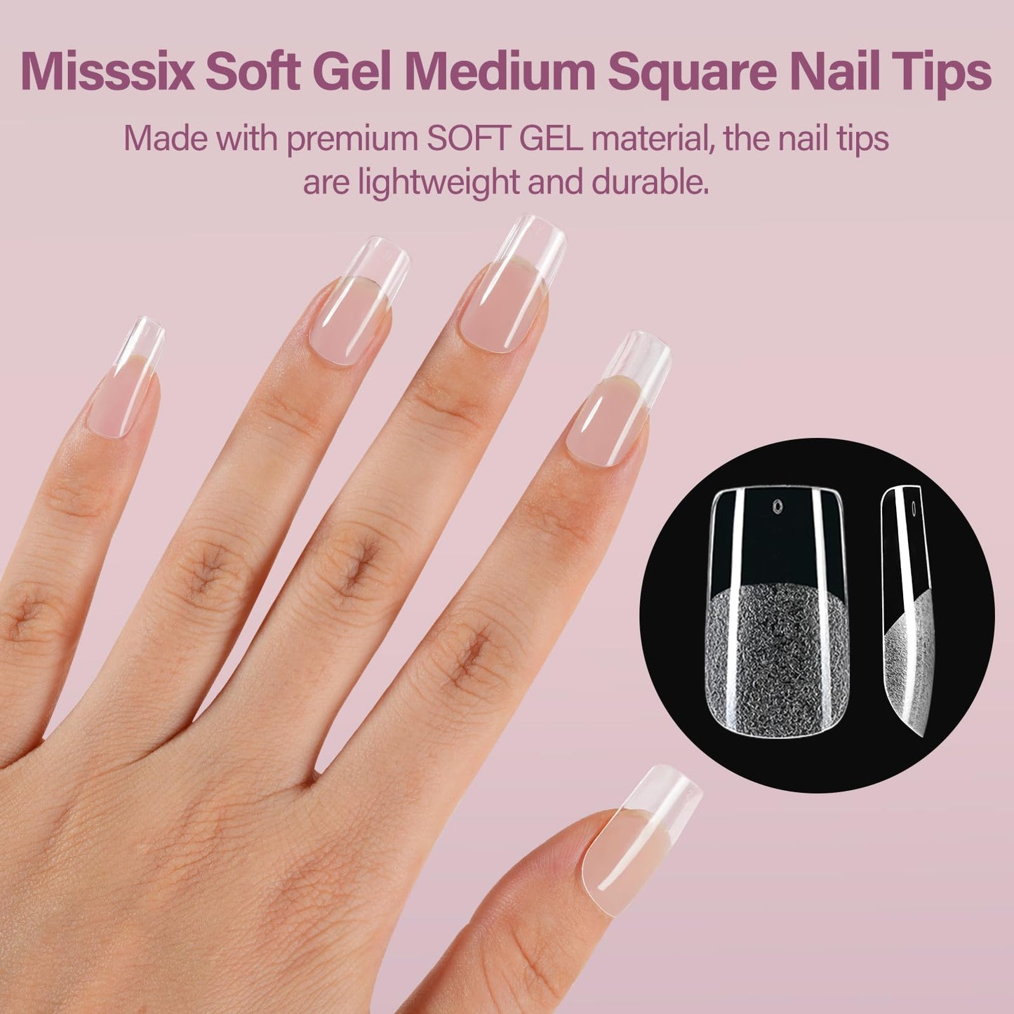 Misssix Medium Square Gel x Nail Tips Kit, 216Pcs Pre Etched Clear Fake Nails, Full Cover False Nail 9-in-1 Gel Glue and Portable Mini U V Nail Lamp for Women 12 Sizes