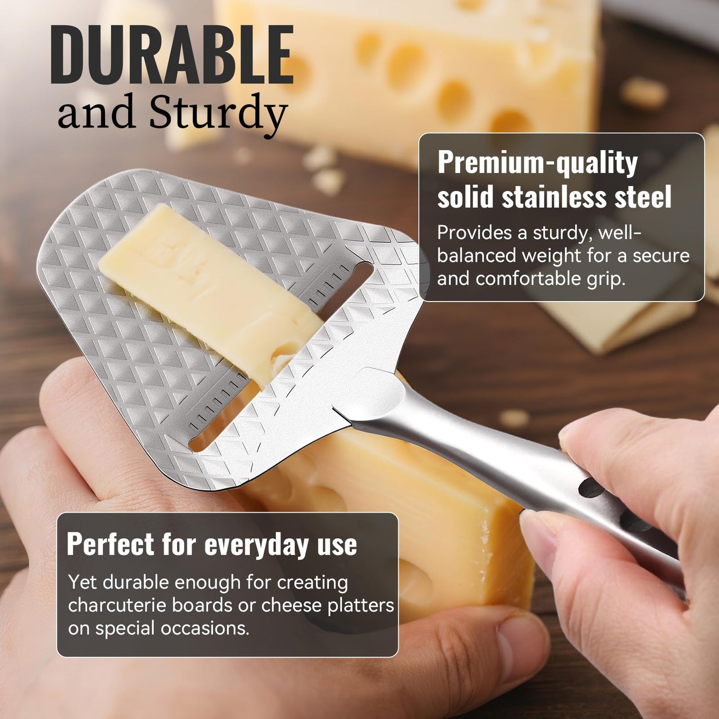 Premium Cheese Slicer – Effortless Slicing for All Cheese Types – Multi-Functional Cheese Cutter - Stainless Steel Cheese Plane – Quilted Pattern Reduces Resistance, Non-Stick, Ergonomic Handheld Grip