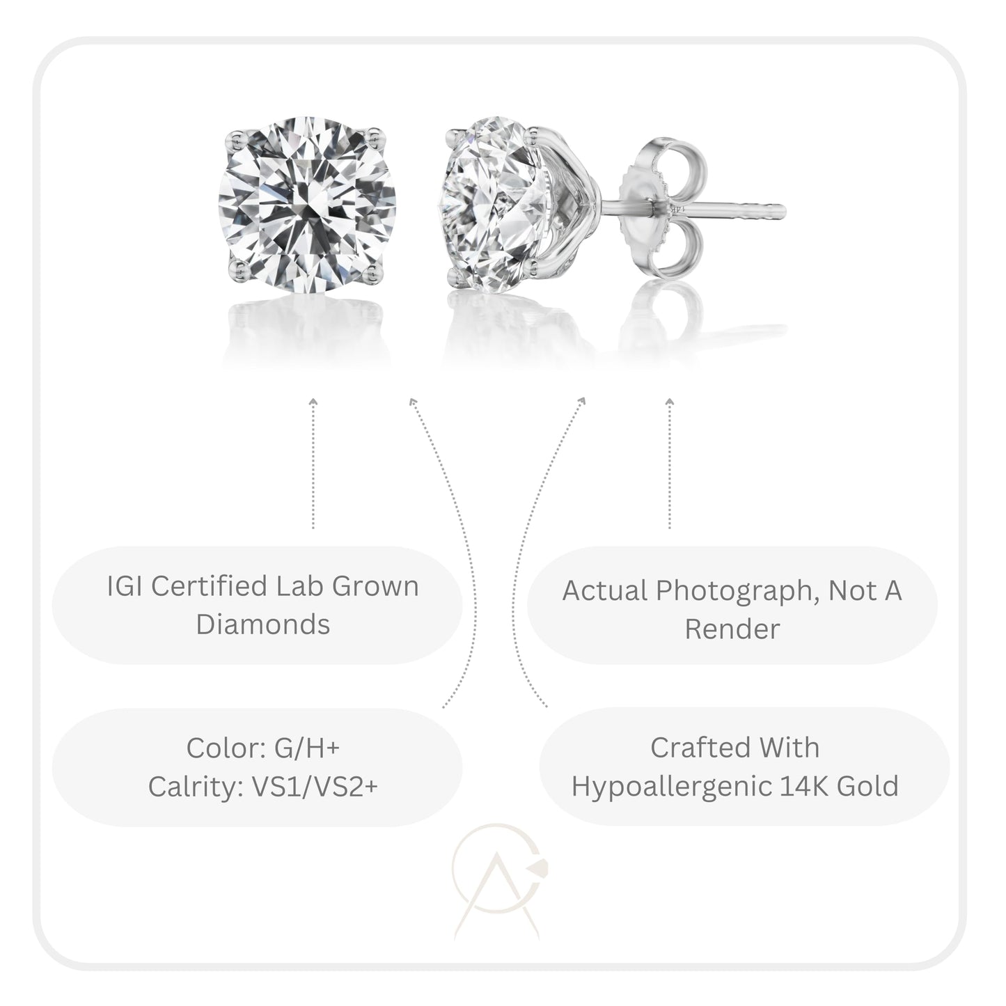 IGI Certified 1 Carat Lab Grown Diamond Round Stud Earrings for Women I 14k White Gold Earrings (G-H, VS1-VS2, 1.00 cttw) 4-Prong Brilliant Cut Diamond I Screw Back Studs by Carbon Atelier