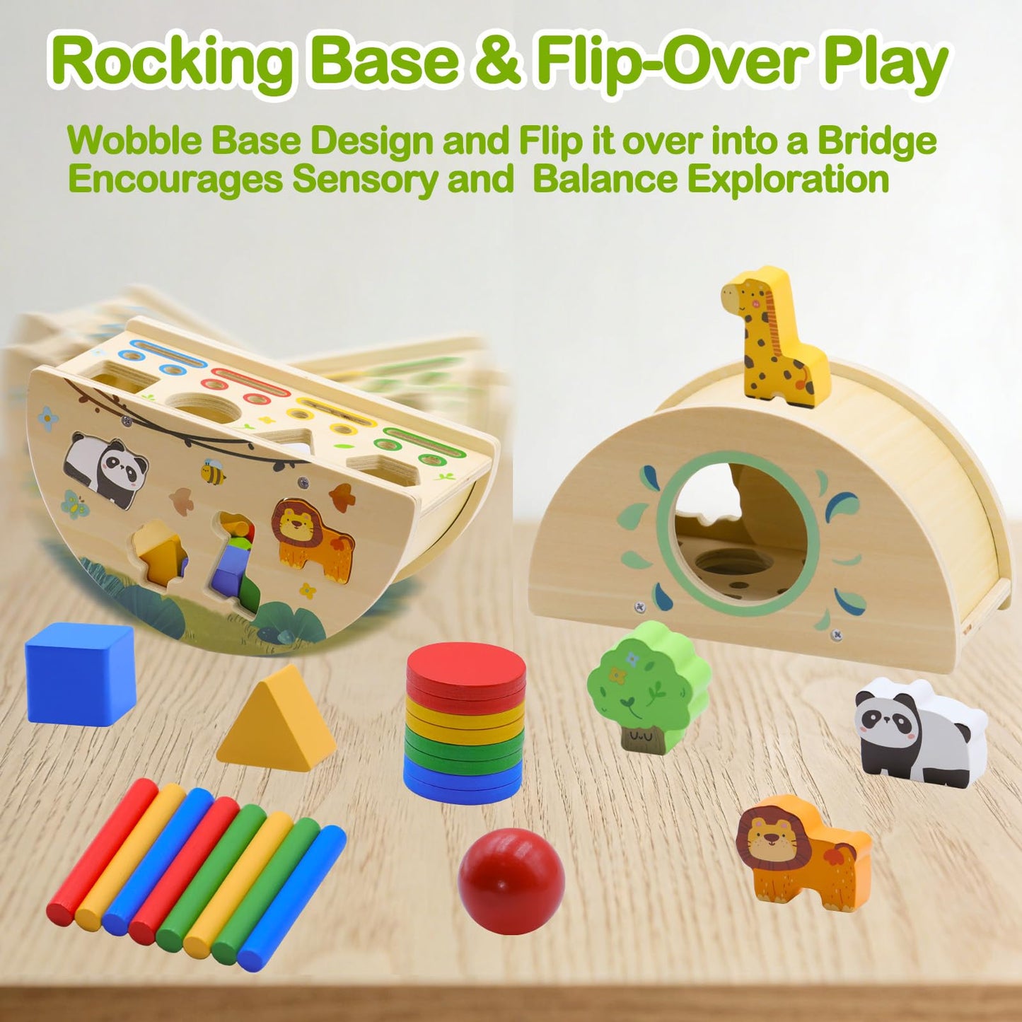 Humerry Montessori Busy Box for Toddlers 1-3, Wooden Object Permanence Coin Box with Shape Sorter & Animal Matching, Sensory Fine Motor Learning Toy with Wobble Base, Gift for 1 2 3 Year Old