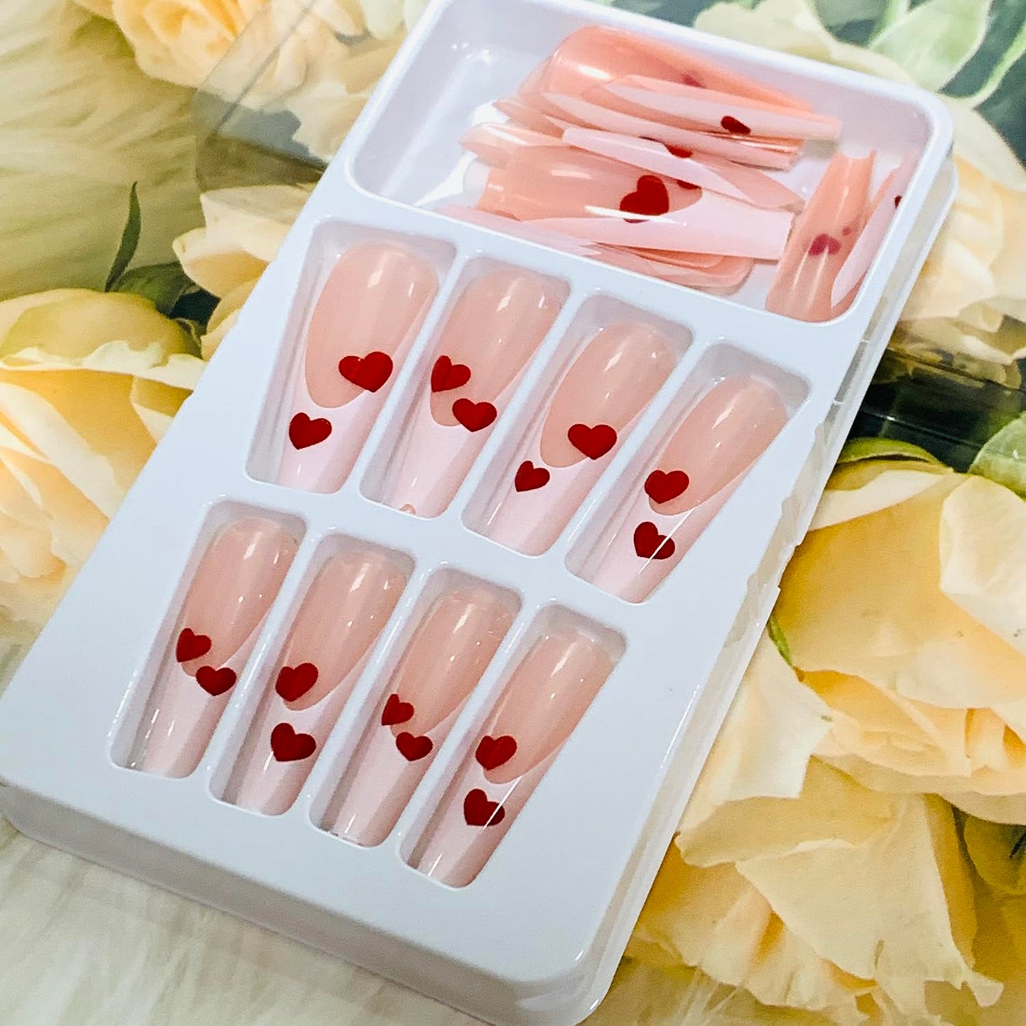 Vezocim Valentine Press on Nails Coffin Long French Tips Glossy Full Cover Acrylic Square Fake Nails with Red Heart Designs Extra Long False Nails Glue Stick on Fingernails with Charm for Women