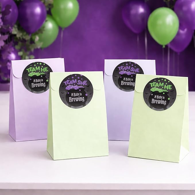 Baby is Brewing Halloween Gender Reveal Stickers 40ct – Bubbling Witch Cauldron Team He or Team She in Purple & Green