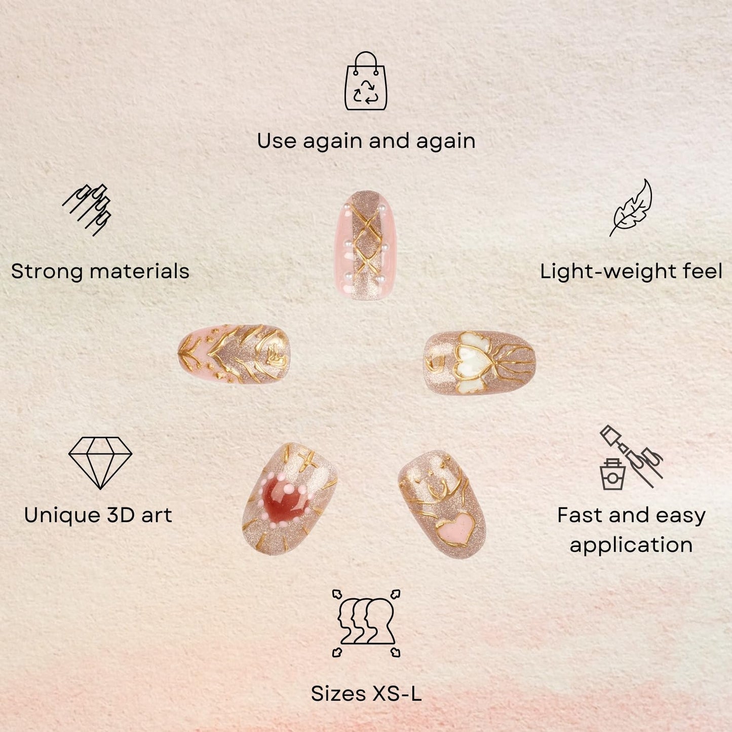 3H Luxury Handmade Press-On Nails Celestial Heart (Pink Small), Reusable Artificial Fake Nails Kit, Salon-Quality Artificial Nails