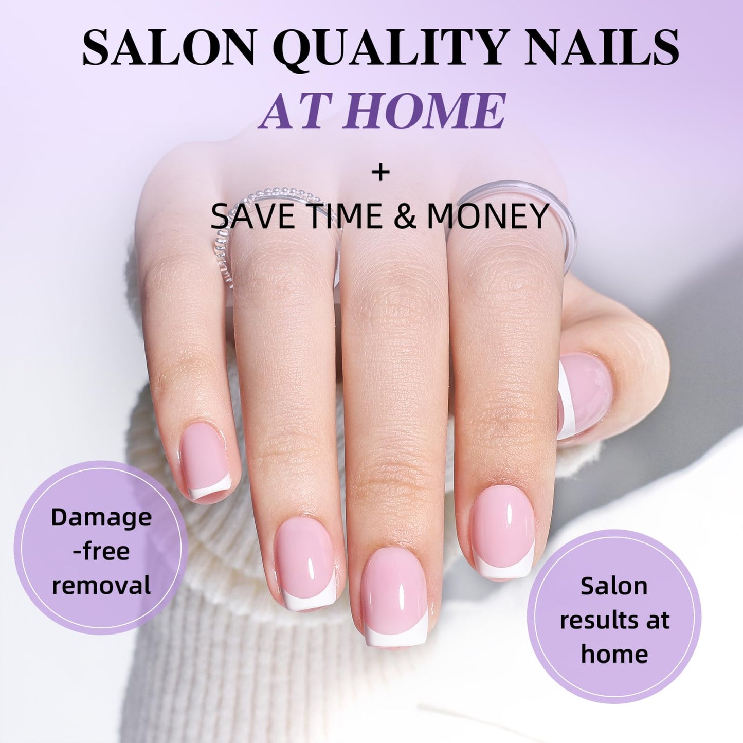 French Tip Press On Nails - Pink and White French Tip Press On Nails Short Square, Reusable Glossy Fake Nails Kit with Glue, 30 Pieces in 15 Sizes