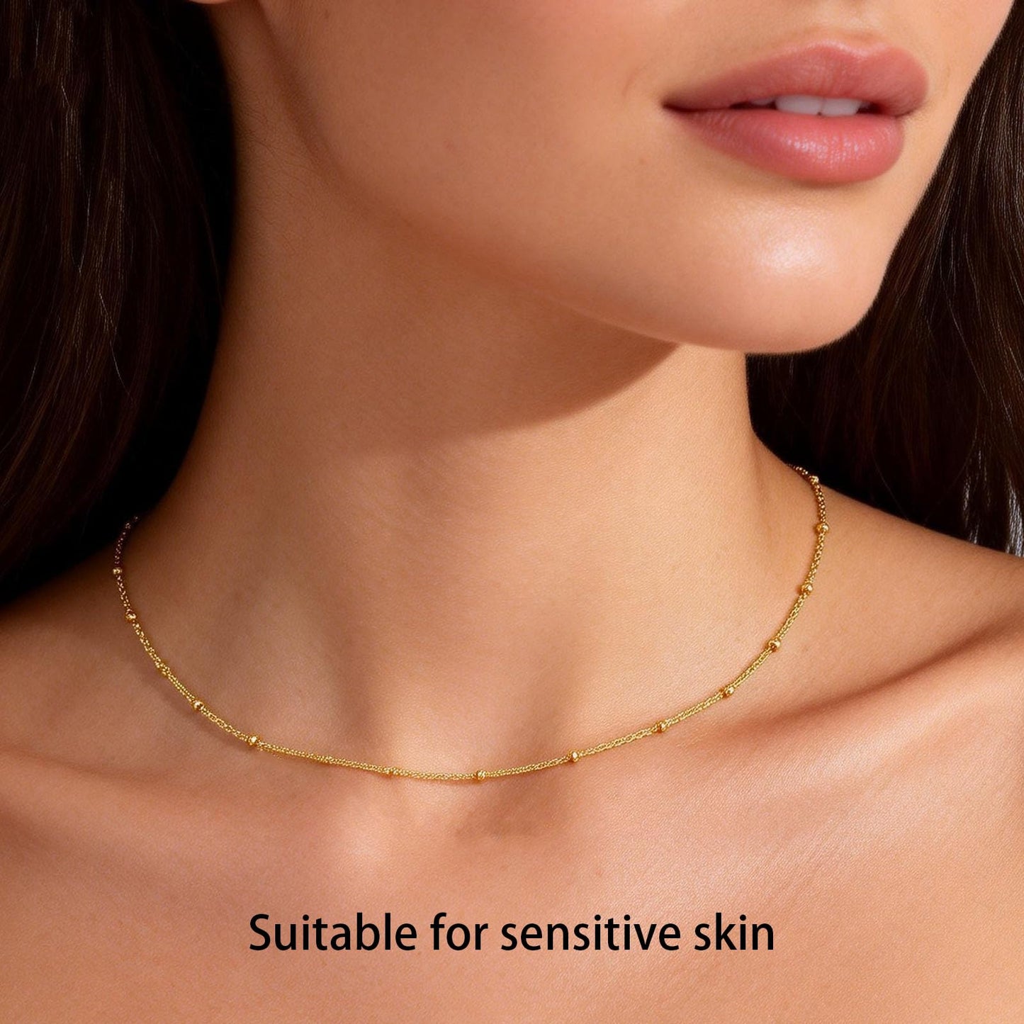 MAIKERDER 14K Gold Plated Thin Satellite Chain Necklace for Women Minimalist Dainty Simple Gold Beaded Necklaces Non Tarnish 18 Inches