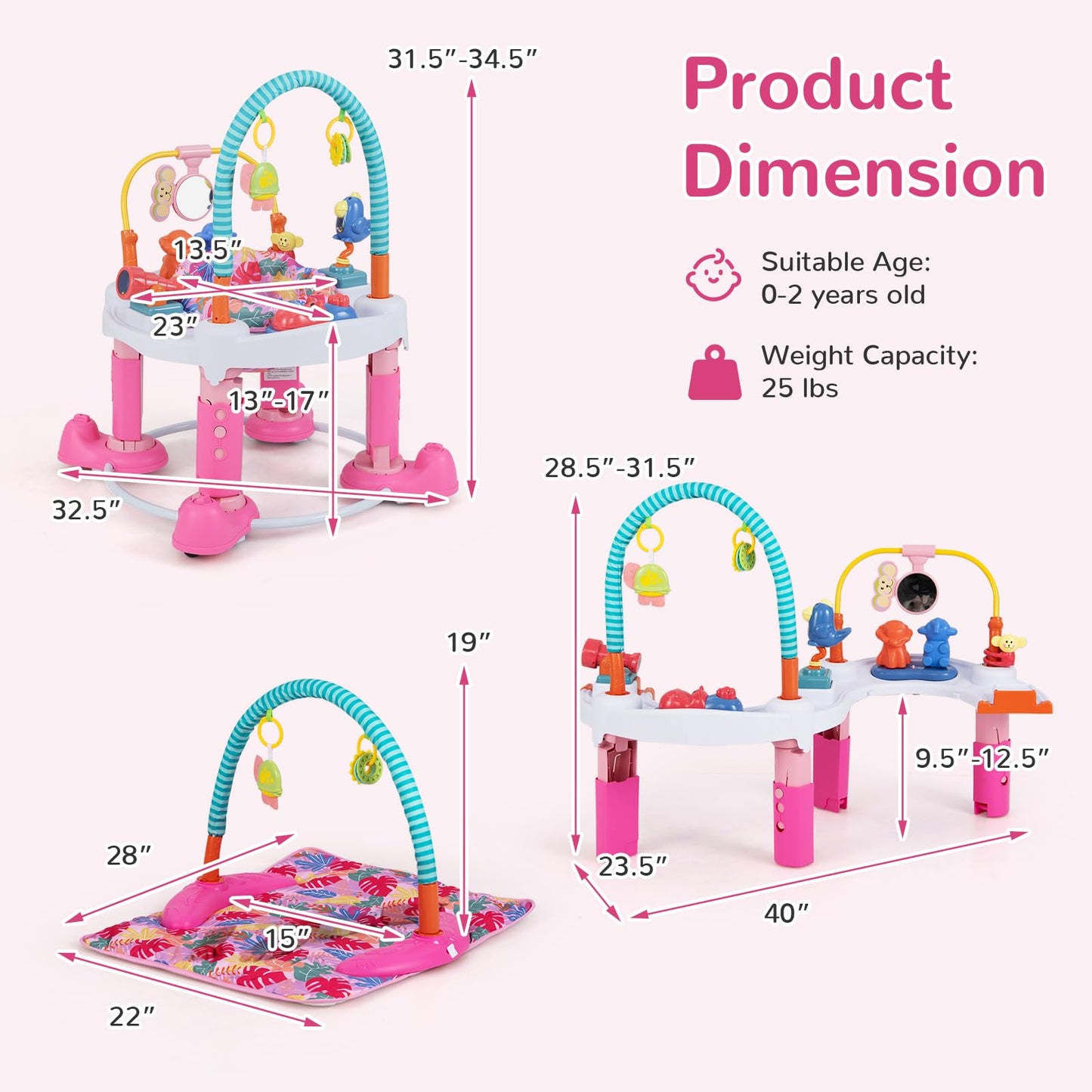 INFANS Baby Bouncer Activity Center, 5 in 1 Toddler Bouncing Activity Saucer Playtime Mat Activity Table with 360°Rotating Seat, 3 Adjustable Height, Foldable Exersaucer Learning Walker (Pink)