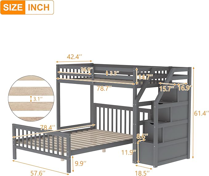 Twin Over Full Wood Loft Bed with Staircase,High Guardrails and Ladder-Handrails,Ladder W/ 3 Storage Grids,Bedroom Furniture for Children,Teens,Adults,Gray