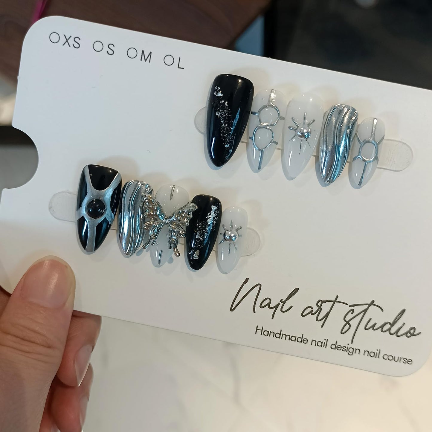 TENPAL Metallic Press on Nails Medium Almond,Punk Goth Fake Nails with 3D Butterfly,Glitter Y2K Metallic Geometric False Nails with Hand-Painted Waves,Soft Gel Black Silver Chrome Nails(M,Black)