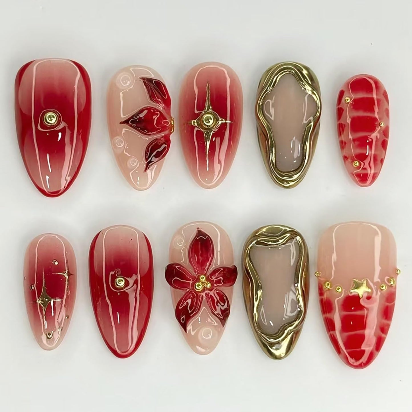 EYZOTSF Press on Almond Nails Medium Length Glossy Full Cover Acrylic Almond Shaped False Nails with Designs Artificial Fake Nail with Charms Glue Stick ons Fingernails for Women Girls(Z1099)