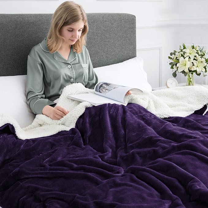 IR Imperial Rooms Sherpa Blankets Queen Size - Thick and Warm Blankets for Winter, Reversible Soft and Fuzzy Fluffy Queen Size Blanket for Bed, Purple, 90x90 Inches