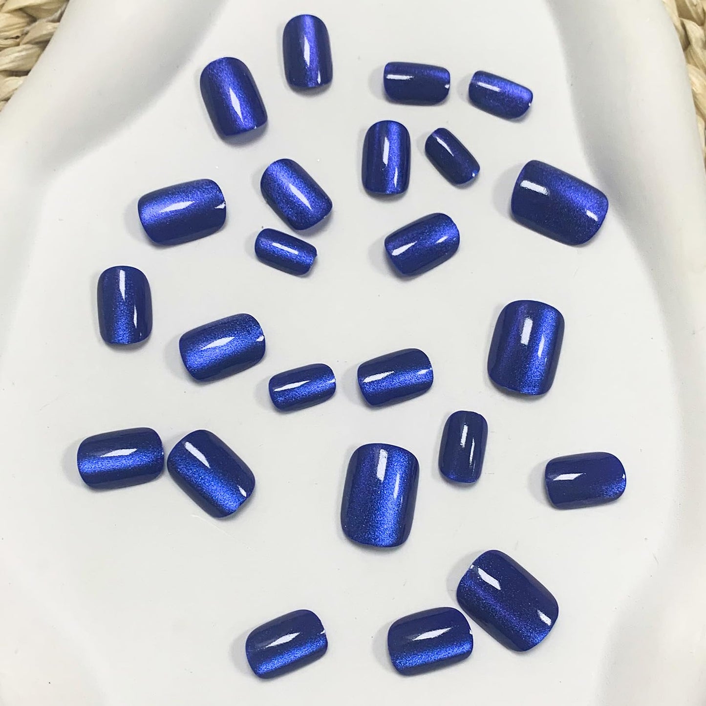 Blue Press on Nails Short Square Fake Nails Cat Eye False Nails with Designs Glossy Glue on Nails Glitter Gel Polished Reusable Artificial Squoval Acrylic Nails Stick on Nails for Women 24 Pcs