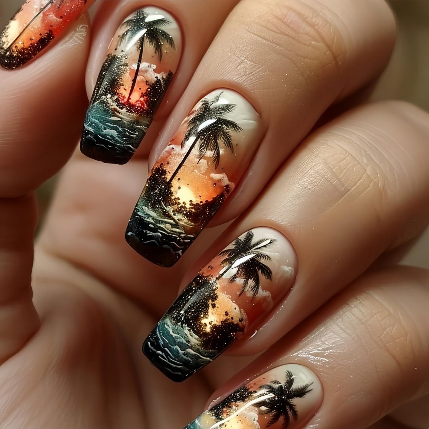 CJDLTS Coconut Tree Sunset Press on Nails Medium Ballet Shaped Waves Pattern Design Summer Beach Acrylic False Nail Full Cover Glossy Press Ons Stick on Nail DIY Glue on Nails for Women 24Pcs