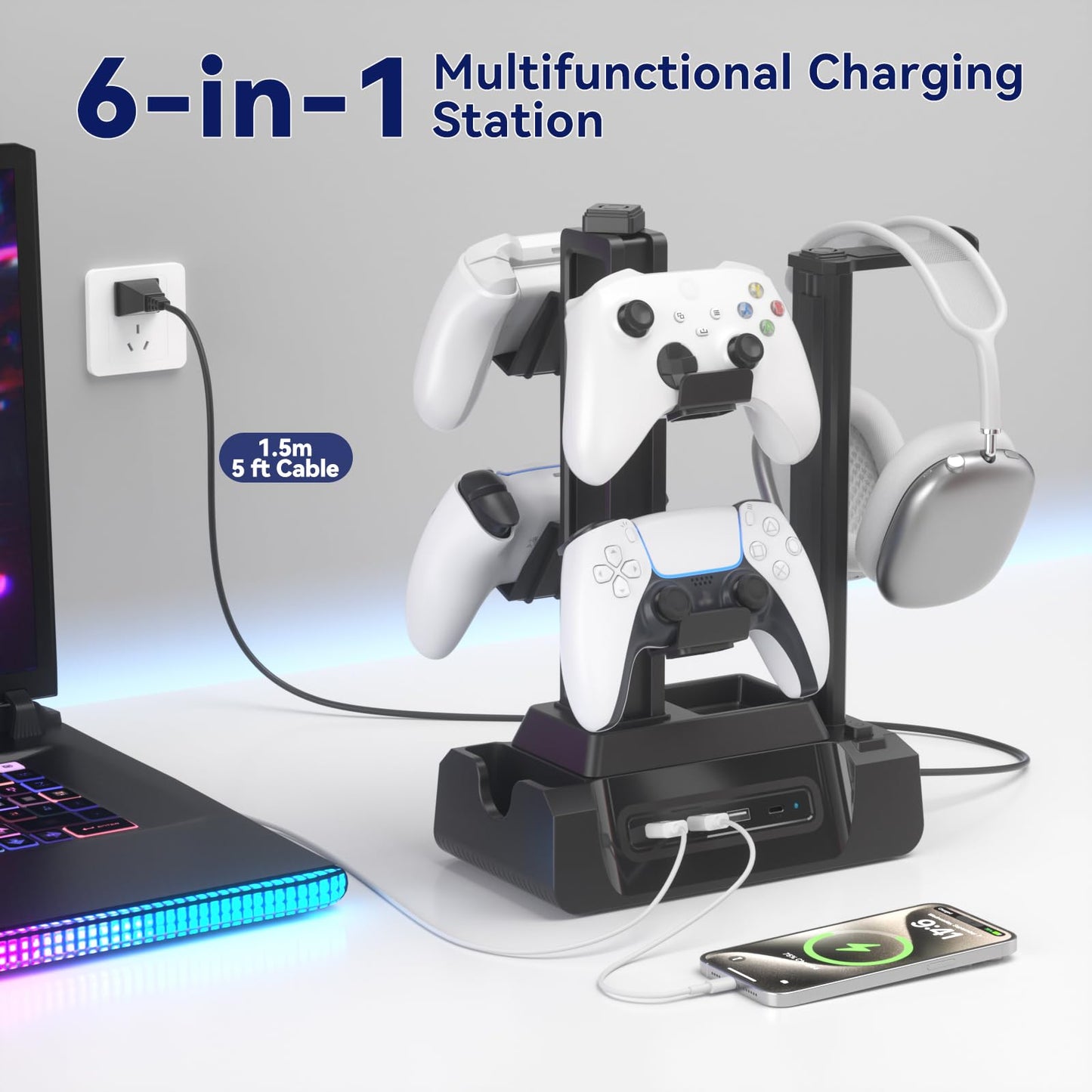KDD Charging Station for Multiple Devices - 4 Ports Charging Dock with Controller and Headset Stand - 3 USB A & 1 USB C for Cellphone Tablet and Other Electronic - Multi Storage for Gaming Accessories