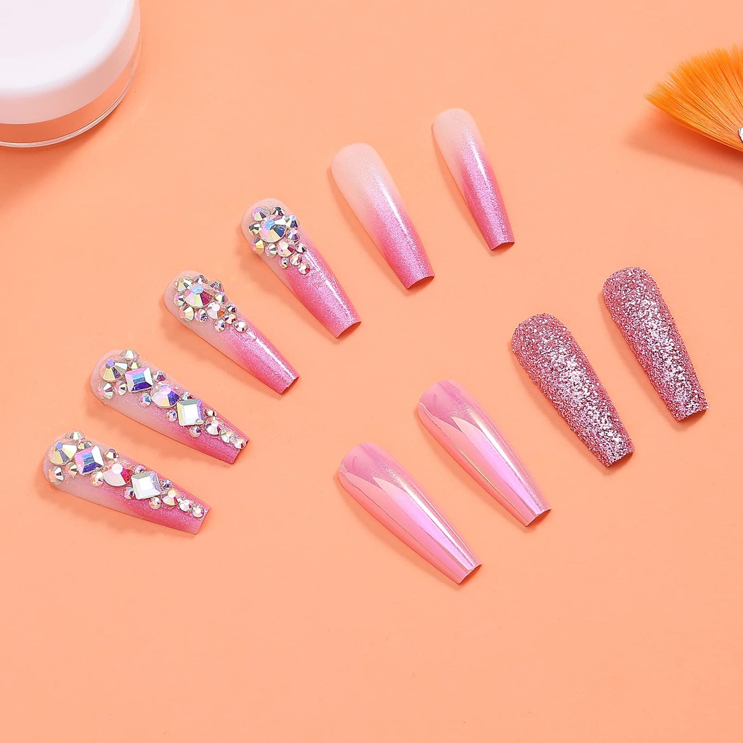 Artquee 36pcs Pink Ombre Crystal Press on Nails with 3D Rhinestones Mixed Pink Metal and Glitter Glossy False Nails Long Ballerina Coffin Flash Fake Nail Tips Manicure for Women