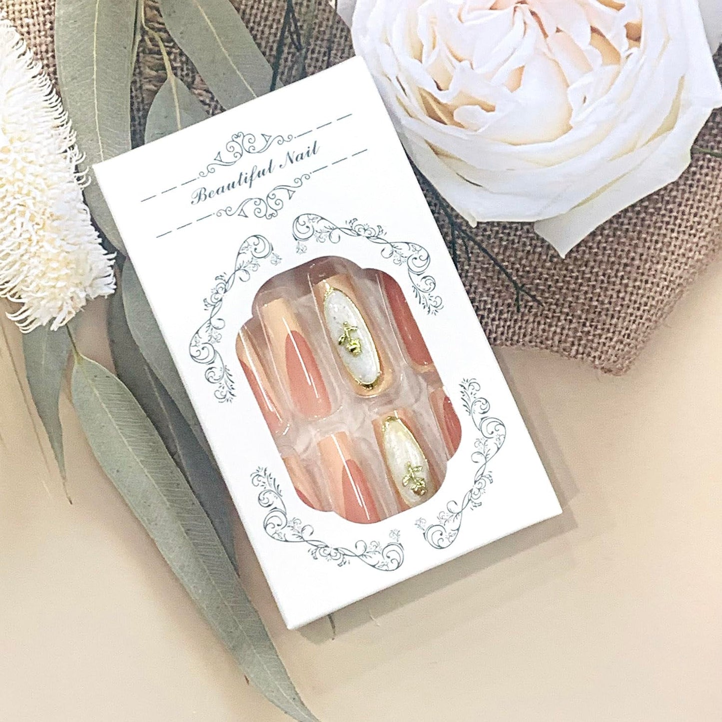 FIEONCIY Press on Nails Long Coffin Shaped Acrylic Glossy Full Cover Long Square French False Nails with Designs Artificial Extra Long Fake Nails with Charms Glue ons Fingernails for Women(XD9020)