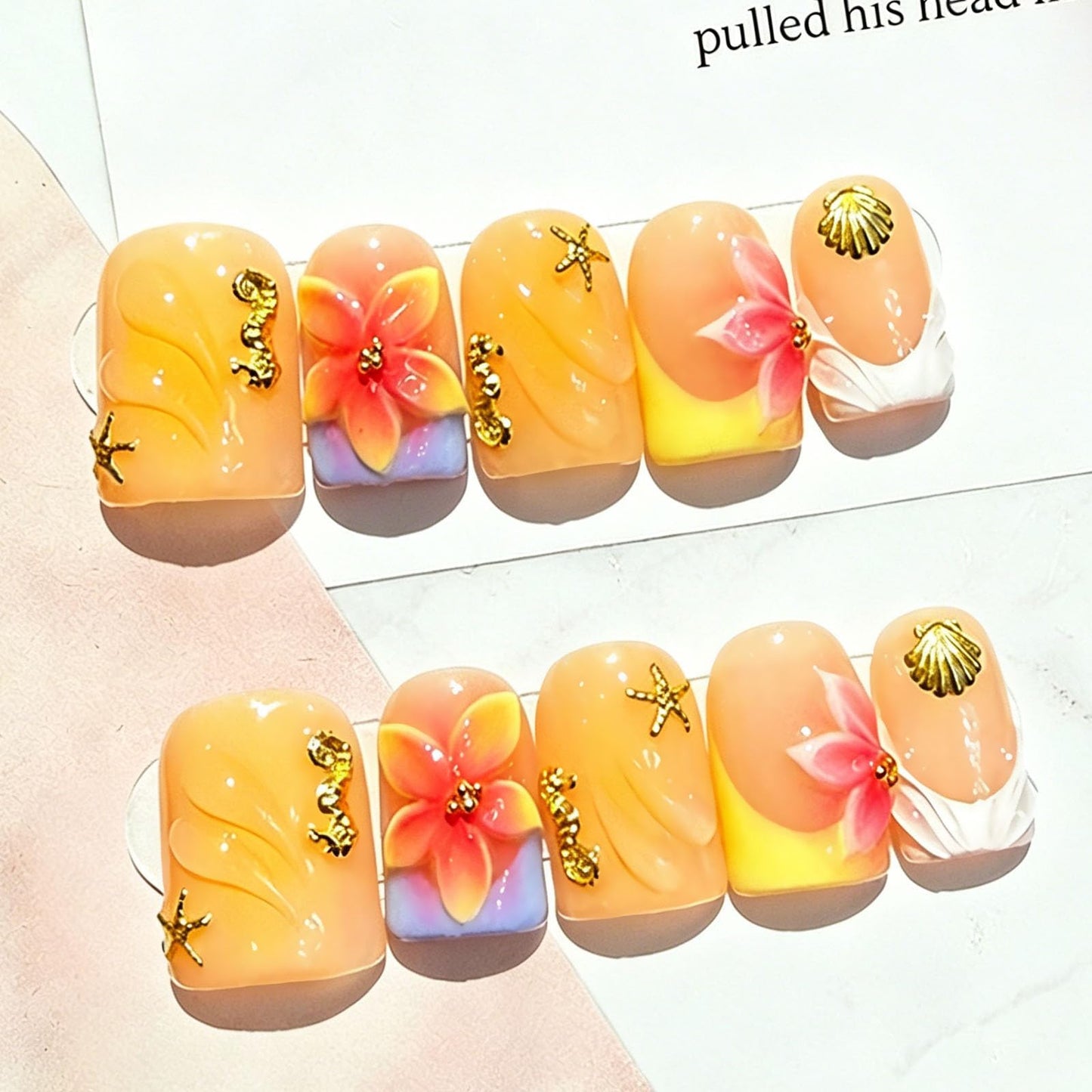 10 Pcs Yellow Handmade Press on Nails Short Square Fake Nails with 3D Flower Seashell Ocean Design Acrylic French Tip False Nails M Size Short Press Ons Nails Square for Women Nail Art