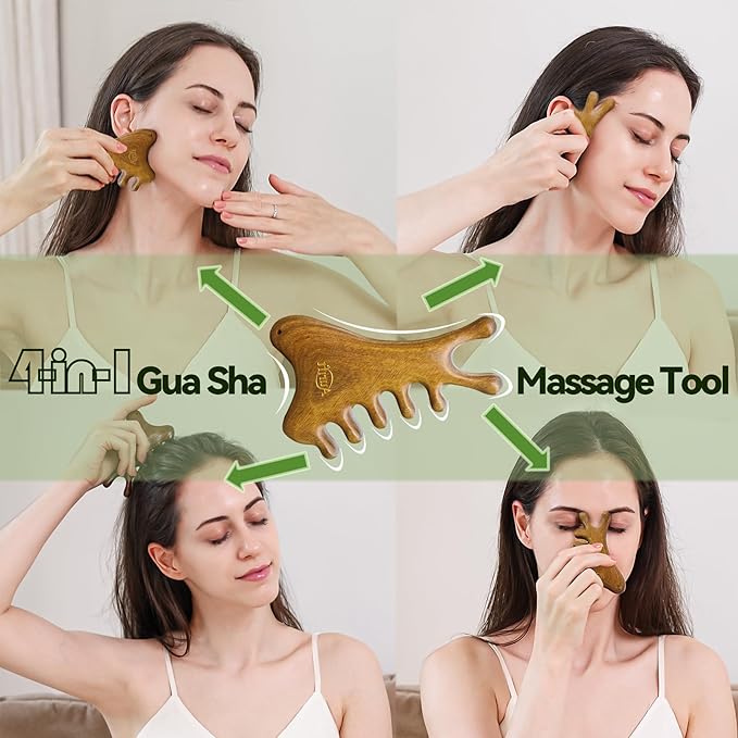 4-in-1 Gua Sha Tool for Face & Body, Natural Green Sandalwood – Lymphatic Drainage, Jaw Lifting & Nose Sculpting, Head Massage Comb for Stress Relief, Home Office Self Care Gifts for Mom Girl Friend