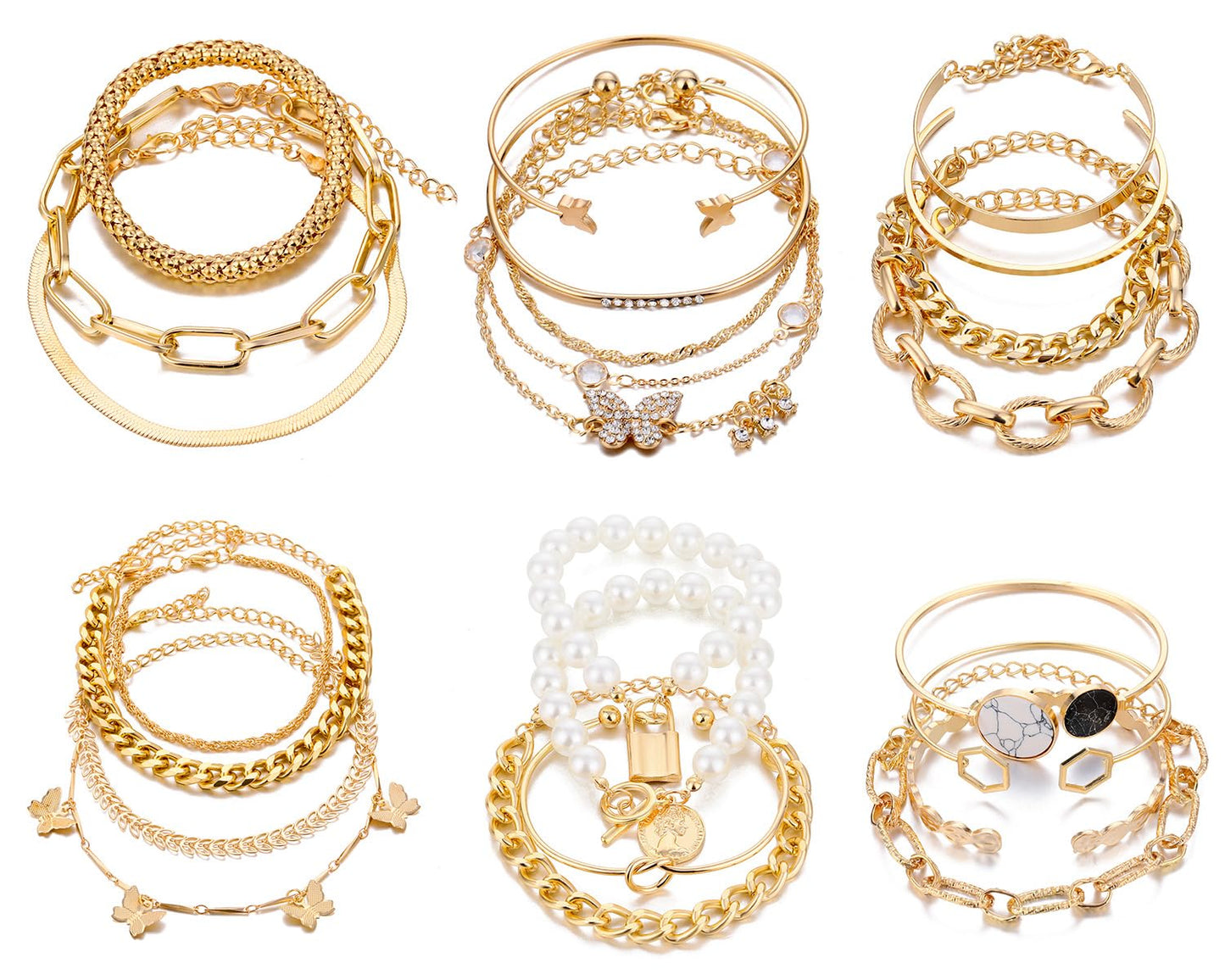 IFKM 6 PACK (24 PCS) Boho Gold Chain Bracelets Set for Women, 14K Gold Plated Multiple Layered Stackable Open Cuff Wrap Adjustable Link Italian Cuban Jewelry Gift