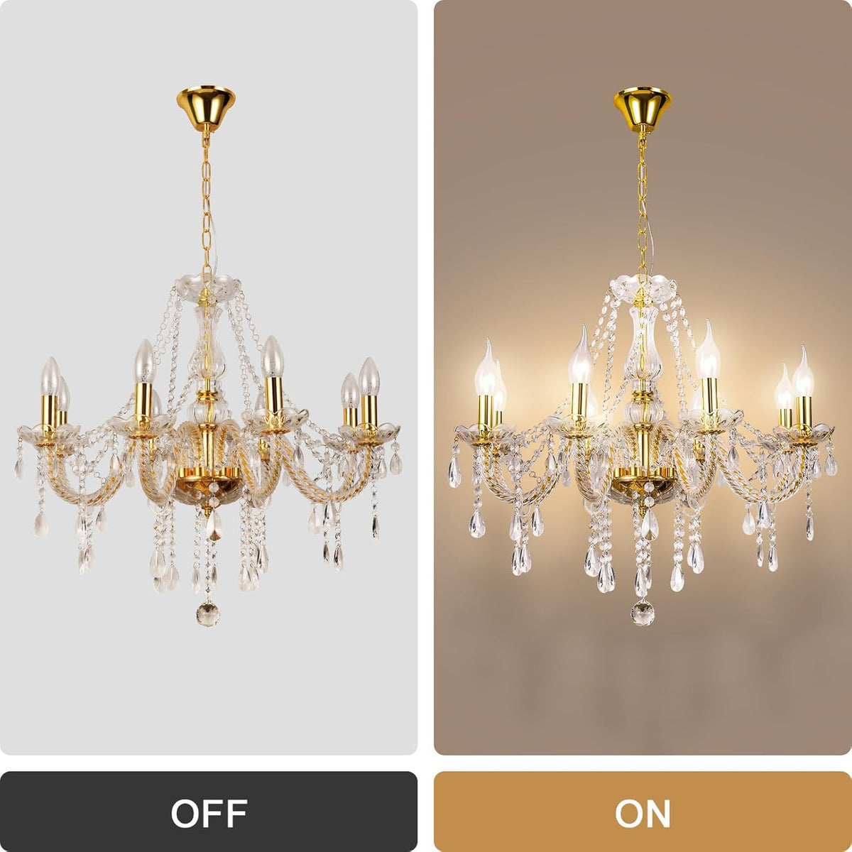 Modern Elegant 8 Lights K9 Crystal Glass Chandelier Golden Pendant Ceiling Lighting European Style for Dining Living Room Bedroom Transparent, 8 E12 Bulbs Required