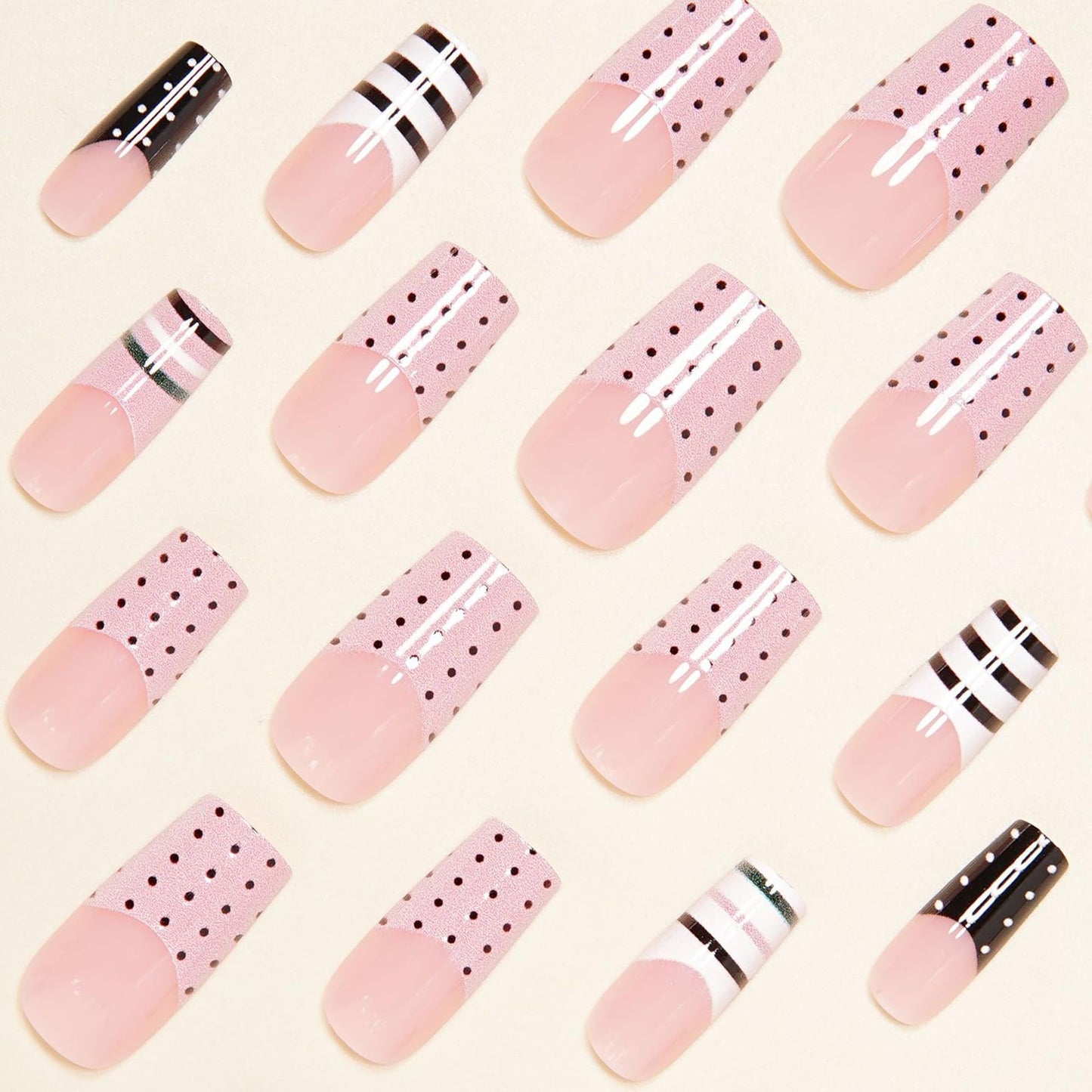 MISUD Press on Nails - Long Square Fake Nails with Pink Black French Tip, Acrylic Polka Dot Stripe Design 24 pcs