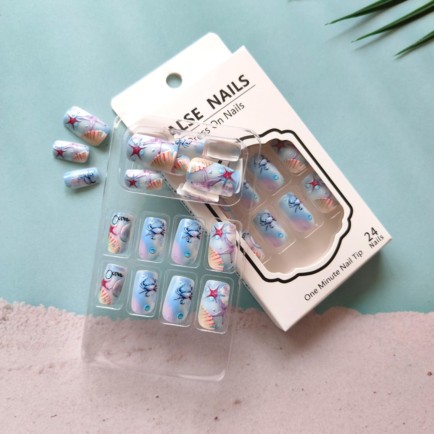 GCSQW Summer Press On Nails Medium Square Acrylic False Nails 24Pcs with Shell Starfish Designs Ocean Style Glossy Full Cover Stick on Nails Kit