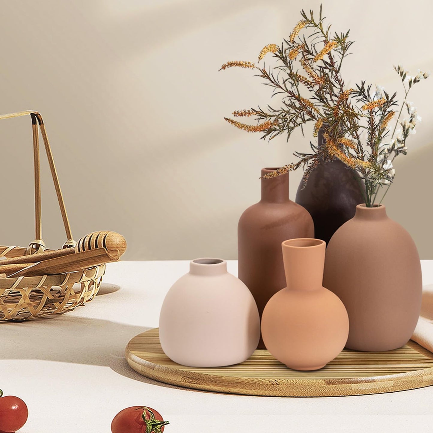Neutral Ceramic Vase Set – 5 Matte Earth-Tone Vases for Japandi, Scandinavian, or Minimalist Home Decor, Table, Entryway, Shelf & Mantel Styling