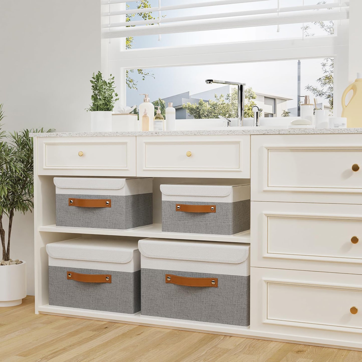 OUTBROS Storage Boxes, Collapsible Storage Bins with Lids, Cotton and linen cloth Storage Baskets with Handle, for Books, Closet, White/Grey, 3 Pack 10.2 x 7.9 x 6.7in