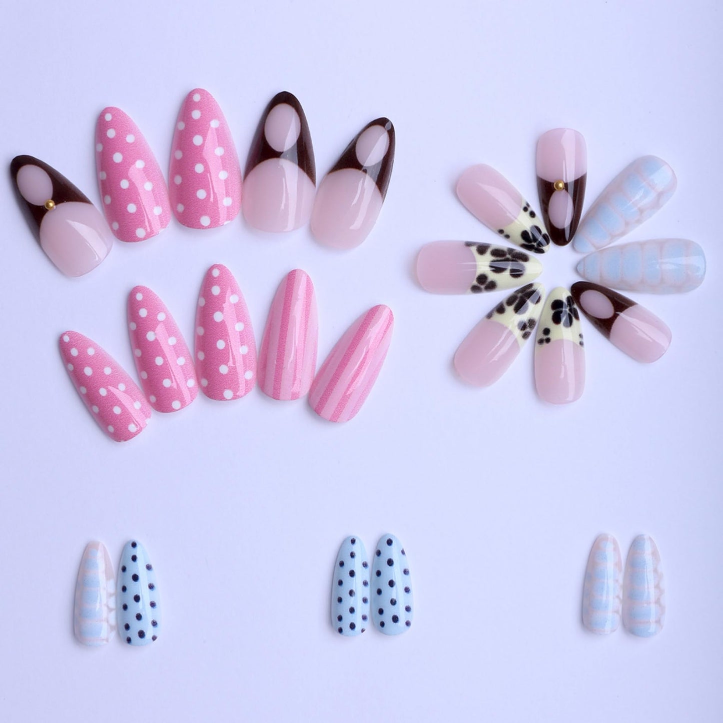 Long Press on Nails Almond Fake Nails French Artificial Nail Blue Tortoise Shell Designs Beach Stick on Nail for Women 24pcs
