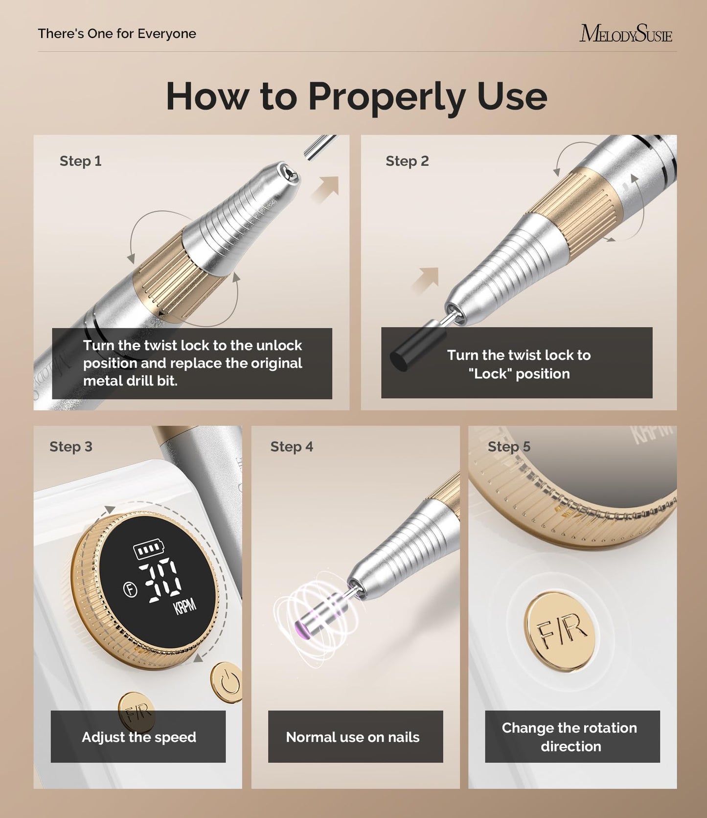 MelodySusie Entry-Level Clip-On Cordless 2-in-1 Nail Drill with Adjustable Built-in Stand, SC330G 30000RPM E-File for All Manicure Shaping & Gel Removal, Ideal for Training, Nail Art Practice at Home