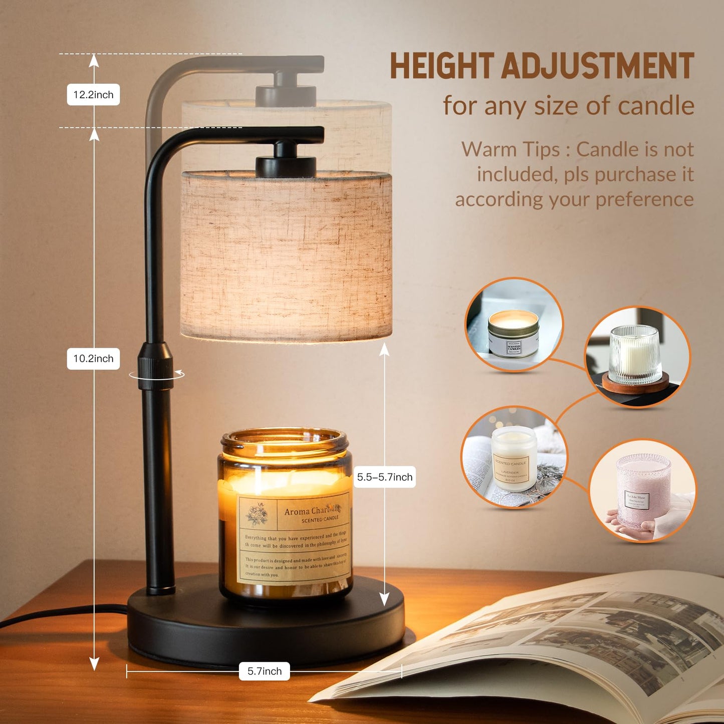 Candle Warmer Lamp with Timer, Dimmable Candle Wax Warmer with 2 Light Bulbs, Height Adjustable Electric Candle Light Scented Candles, Home Room Decor, Gifts for Women Mom