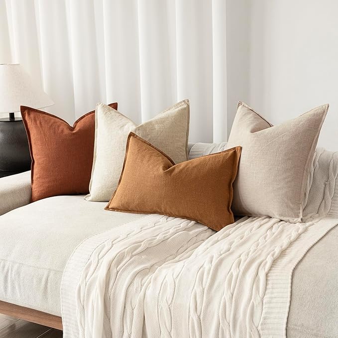 Foindtower Pack of 2, Decorative Linen Soild Throw Pillow Covers Soft Accent Cushion Case Farmhouse Neutral Pillowcase for Chair Couch Sofa Bedroom Living Room Home Decor 18 x 18 Inch Fall Rust Orange