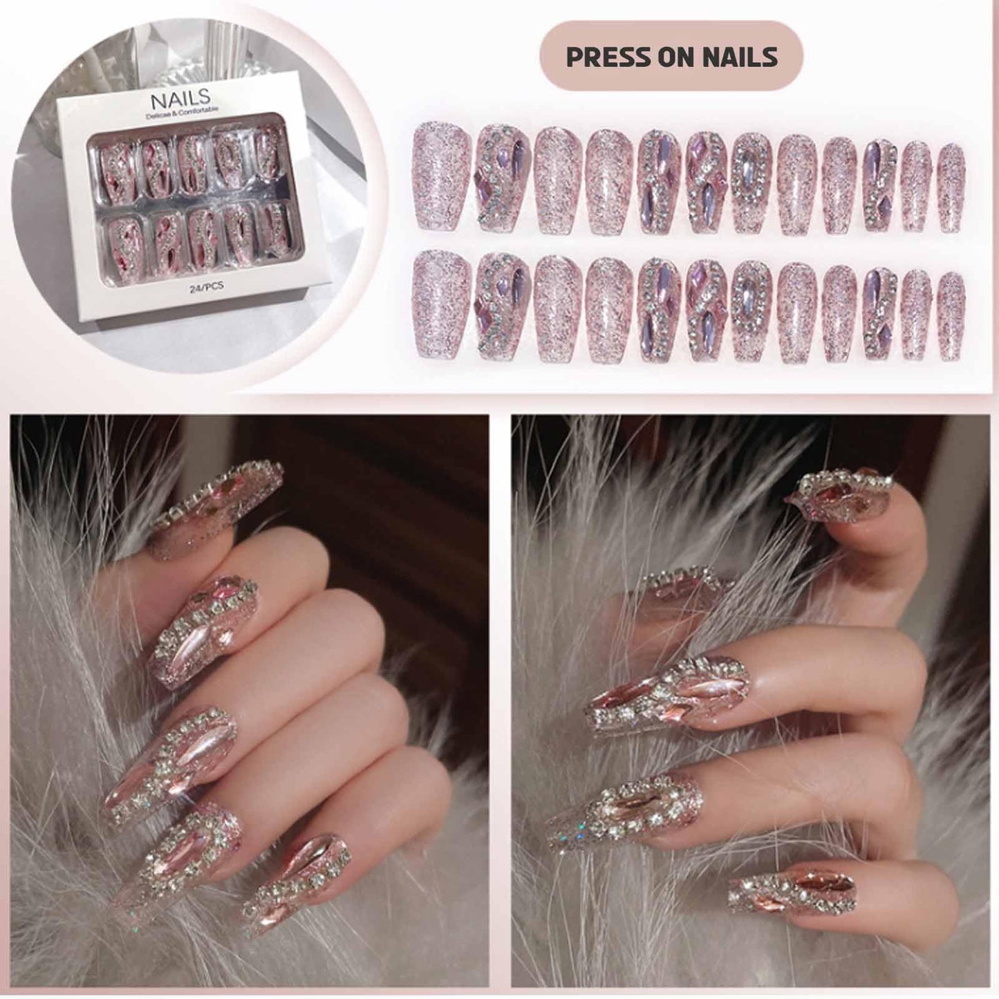 Hkanlre 3D Press on Nails Medium Fake Coffin Nails Tips Full Cover Luxury False Nails for Women and Girls 24PCS