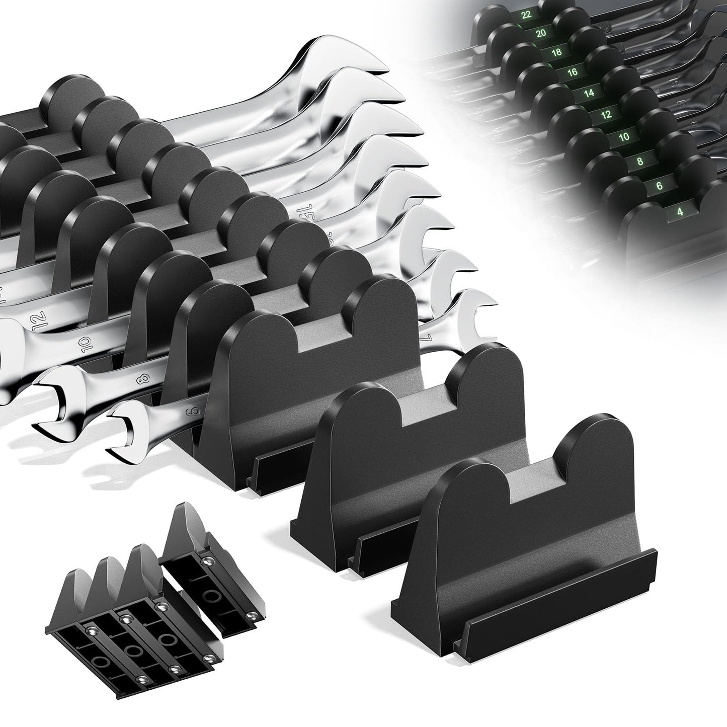 Luomeic 40PCS Modular Wrench Organizer Holder - Storage Set with Metric & SAE Florescent Label & Anti-Slip Mat, Wrench Rack for Tool Box Drawer, Tool Gift for Professional Mechanics Men