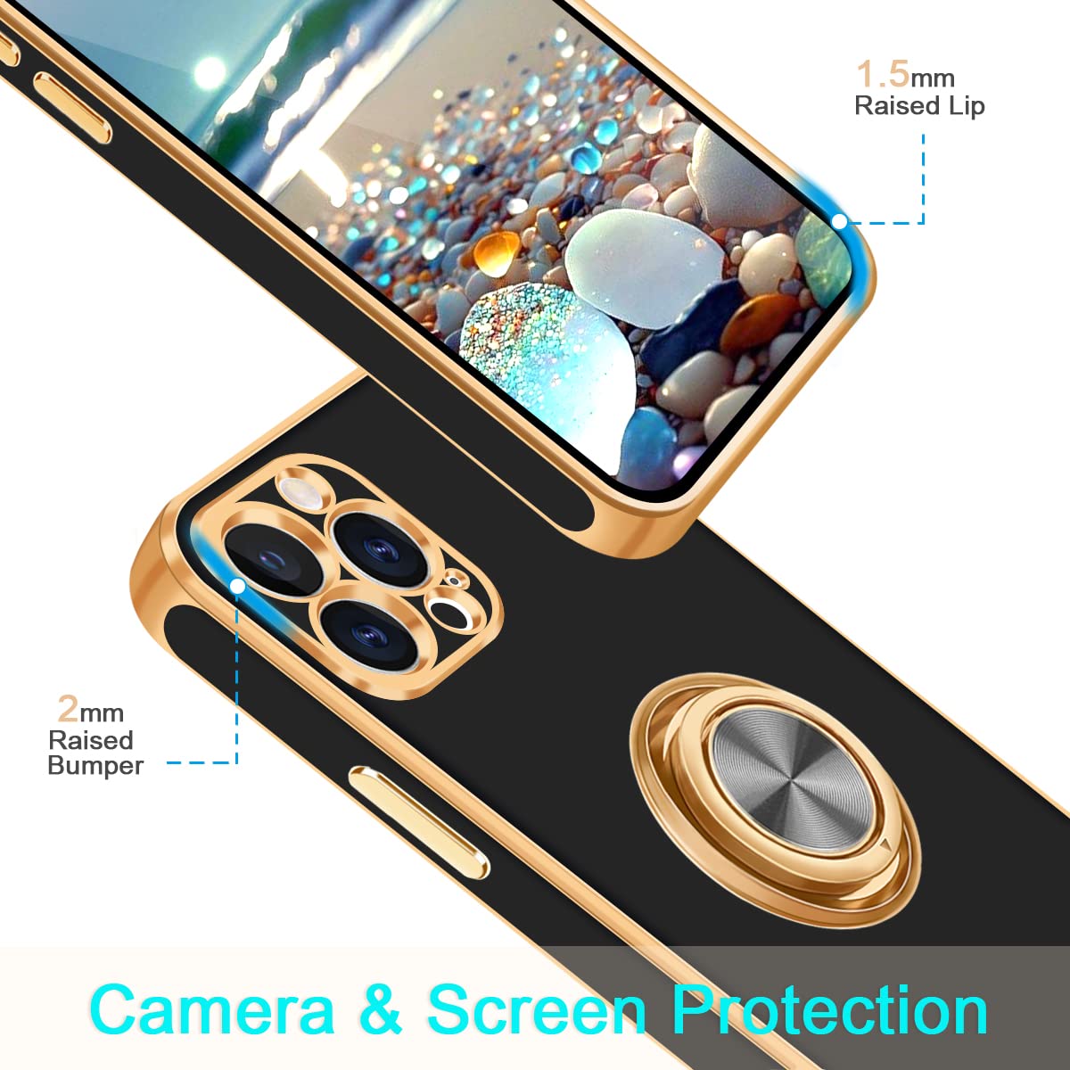 Fingic iPhone 13 Pro Max Case with Ring Stand, 360 Rotatable Magnetic Kickstand, Slim Fit Soft TPU, Black/Gold