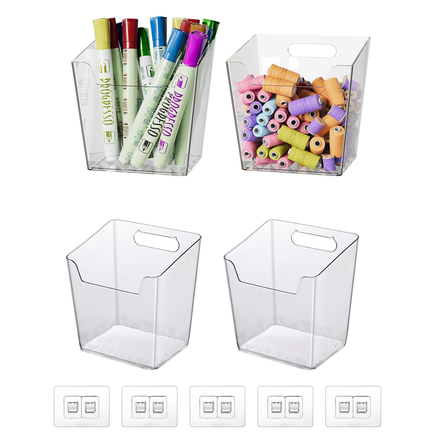 Clear Adhesive Wall Storage Bins, 4 Pack Cabinet Door Organizer Holders, Hanging Wall Mount Pockets, Plastic Cups for Shower Bathroom Makeup Office Craft Remote Kitchen Sink RV Organization (Small)