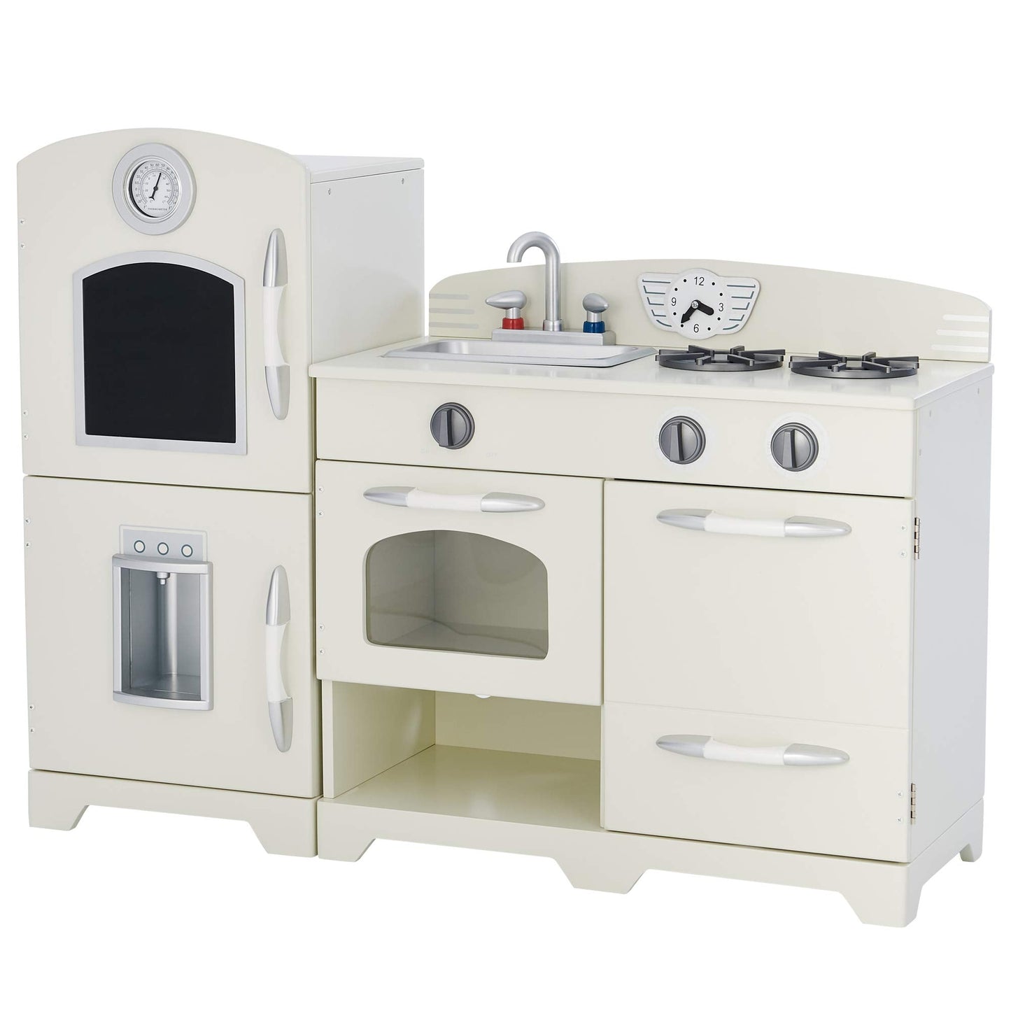 Teamson Kids Little Chef Fairfield Retro Modular Interactive Wooden Play Kitchen with Refrigerator, Sink, Stove, and Storage Space for Easy Clean Up, Off-White with Chrome Accents