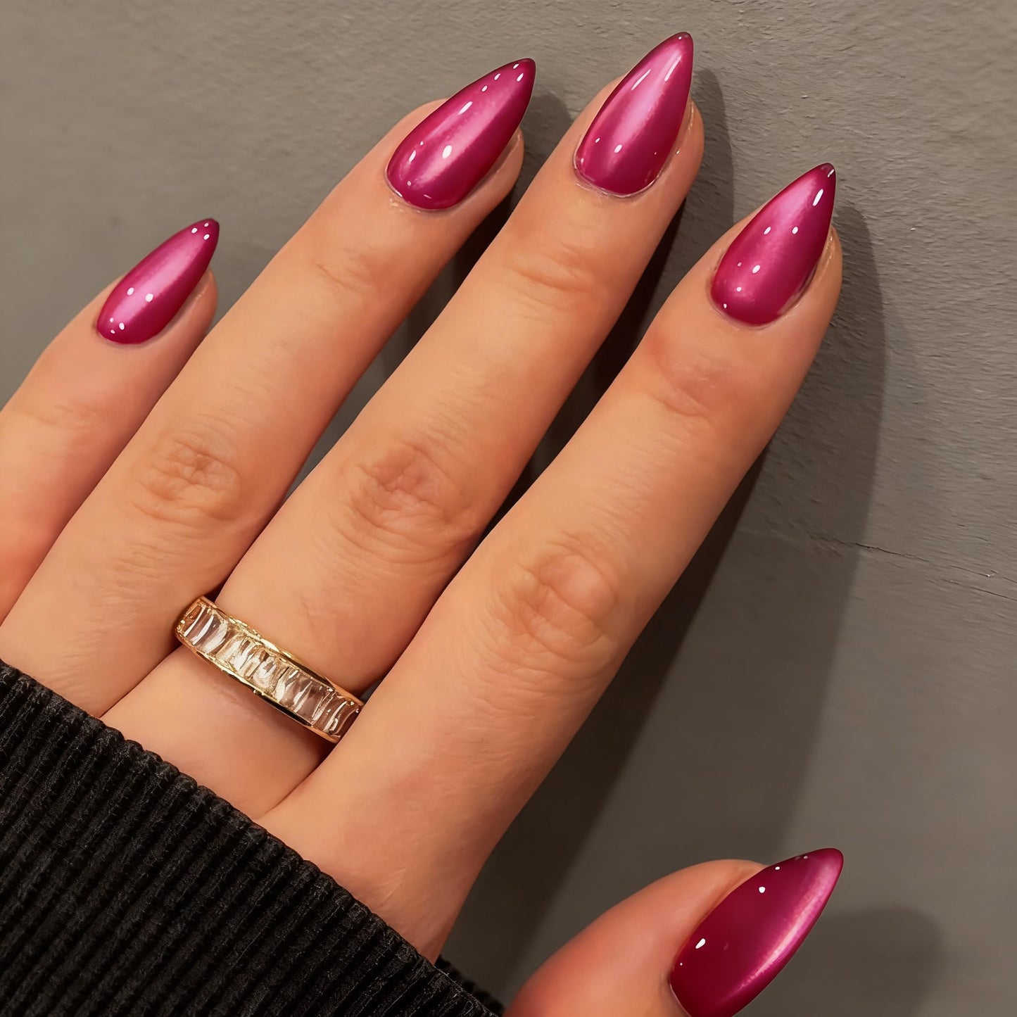 KQueenest Cat Eye Press On Nails Almond - Hot Pink Press On Nails Medium Stiletto, 30 Pcs 15 Sizes Glitter Fake Nails Press ons, Upgrade Thick Quality, Reusable Vibrant Fushia Glue on Nail for Women