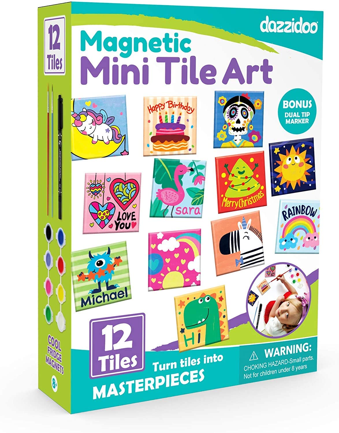 Magnetic Mini Tile Art - DIY Craft Kit; Design and Paint Magnet Tiles - Kids Paint Arts & Crafts Project; Includes 12 Tile Magnets, 8 Paint Colors, 2 Brushes and Marker; Fun Ceramic Tile Painting Kit