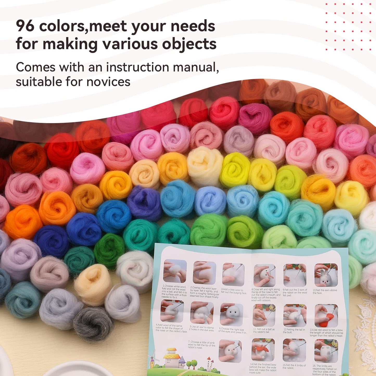 JUPEAN 96Pcs Needle Felting Wool 10.4 oz Wool Roving Yarn Needle Felting Kit with 4-Layer Transparent Storage Box for DIY Hand Spinning and Creations, 3g/Color