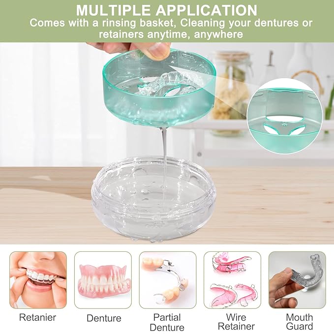 Denture Case, Leak Proof Denture Bath Case Cup Kit for Travel Cleaning, Denture Holder Box Bath Soaking Container for Women & Men with Mirror, Strainer, Removal Tool and Denture Brush(Green)
