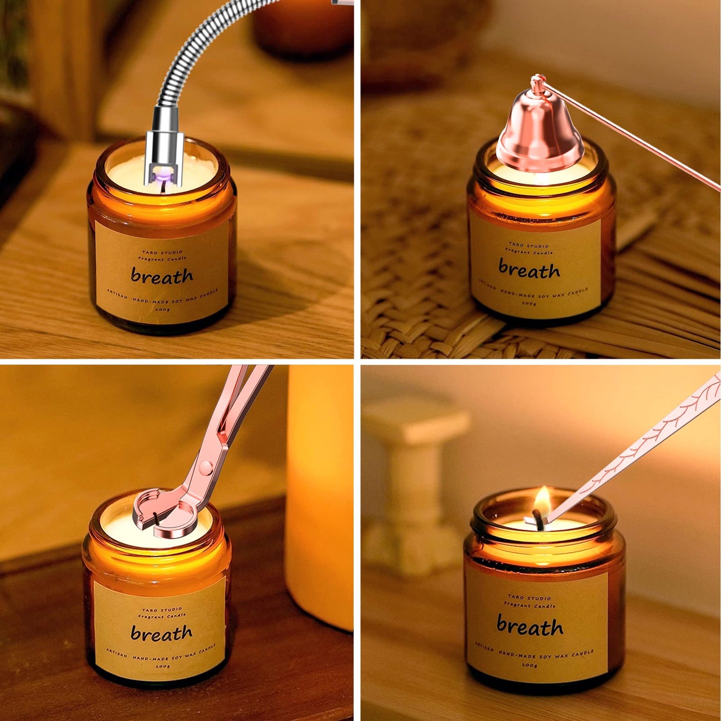 HEYLOURB 5 in 1 Candle Accessory Set,Candle Wick Trimmer Cutter Set,Candle Wick Dipper,Candle Wick Snuffer,Rechargeable Candle Lighter,Tweezers,Stainless Steel Candle Care Kit Gift for Aromatherapy