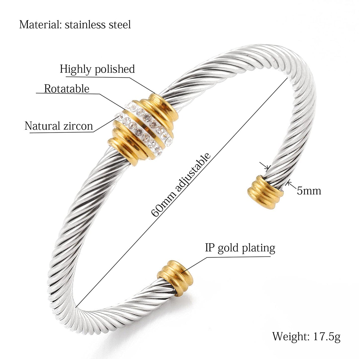 kaluoer Cable Bracelet Two Tone Stainless Steel Retro Twisted Wire Bangle Bracelet, Adjustable Cuff Bangle, Suitable, Mother, giving during festivals。 (Two Tone)