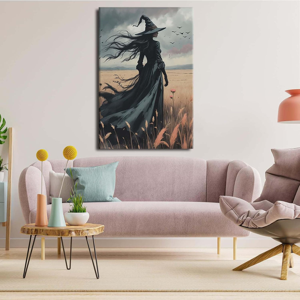 Gothic Decor Canvas Wall Art Witch in Rice Field Halloween Art Decor Print Nature Print Victorian Home Bedroom28x40in Wood Framed