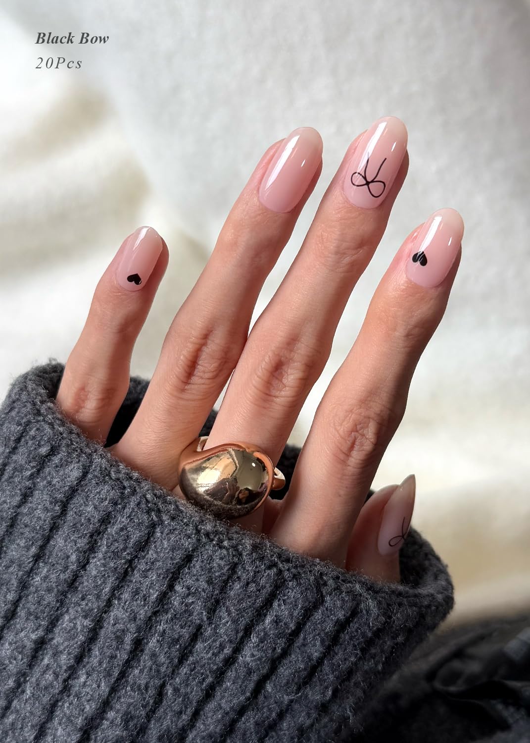 AutyaMee Semi Cured Gel Nail Strips (Black Bow), Jelly Nude, 20 Pcs Gel Nail Wraps, Stickers, UV Light Required, Salon Quality, Long Lasting